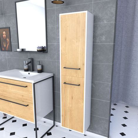 Colonna bagno bianca con 2 ante in rovere naturale e maniglie nere opache