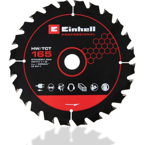 Original Einhell Kreissägeblatt 165x20 (Sägen-Zubehör, Ø 165 mm, Aufnahme 20 mm, 24 geschränkte Zähne, Schnittbreite 1,8 mm, hartmetallbestückt, für Akku-Handkreissägen) (1/2)