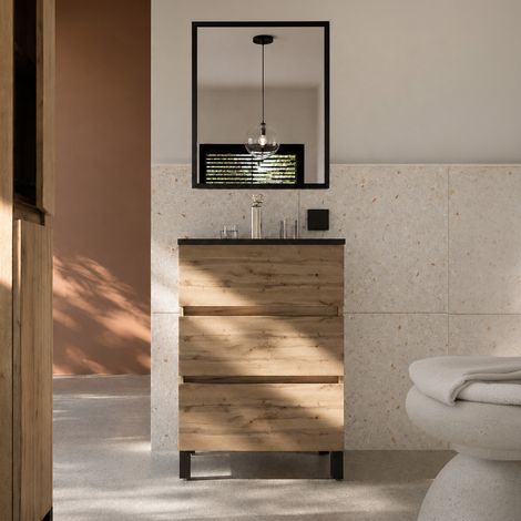 Set mobile bagno 50cm Finitura Rovere 3 cassetti, lavabo Nero e Specchio 50x70cm con Telaio Nero (1/5)