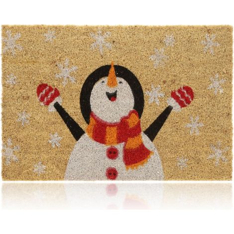 Relaxdays Snowman Snow Man Christmas Doormat Coir Rubber, 40 x 60 cm, Door Mat Inside & Outside, Non-Slip, Multicoloured (1/5)