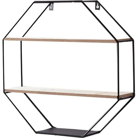 TrAdE Shop Traesio - Mensola Da Parete Ottagonale In Ferro Legno Sospesa Con 2 Ripiani Design Industriale - (1/4)