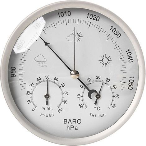 Station météo analogique 3 en 1 en inox Ø132mm - Baromètre, thermomètre, hygromètre (1/4)