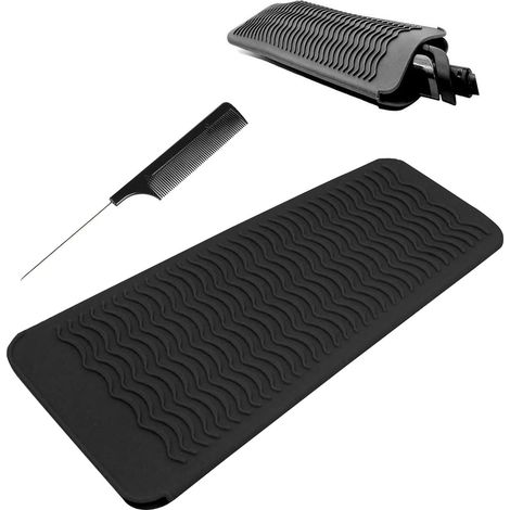 Tapis Résistant à la Chaleur Pour Fer à Friser, Pochette en Silicone Pour Fers à Boucler, Lisseur et Outils de Coiffure - Noir (1/5)