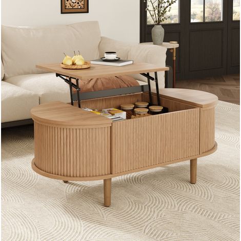 Mesa de centro elevable ovalada (100x48x53.5 cm), con almacenaje, estilo vintage, MDF color roble (1/5)