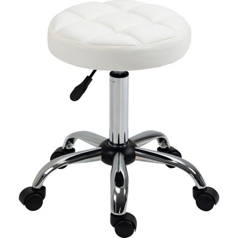 Tabouret à roulettes réglable et pivotant en similicuir blanc pour bureau et salon (1/5)
