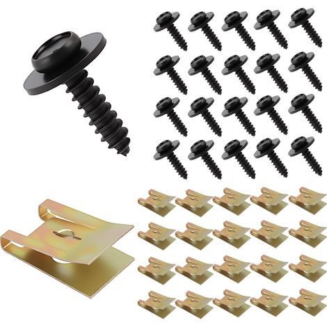 20PCS Clips de Fixation Voiture, U-Clips et Vis Kit Universal Écrous, 20 Agrafes Carrosserie Métal U-Clip et 20 Vis, Écrou en Tôle Vis Écrou Clip Kit, Pour Panneaux de Porte Pare-Chocs Capots (1/5)