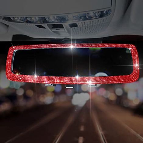 Auto-Innenrückspiegel, Auto-Innenrückspiegel, Bling Damen-Autozubehör, Strass-Autoinnenraum-Autozubehör, Universal-Kawaii-Tuning-Rückspiegel (rot)