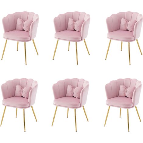 Pack de 6 sillas de comedor de terciopelo rosa con respaldo floral, patas doradas y cojines (1/5)