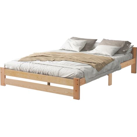 Avec matelas, lit futon en bois massif solide, avec tête de lit et sommier à lattes, naturel (200x140cm) (1/5)