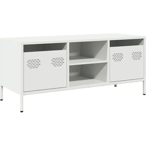 Meuble TV robuste industriel avec 2 compartiments et 2 tiroirs 101,5 x 39 x 43,5 cm en acier laminé à froid blanc (1/5)