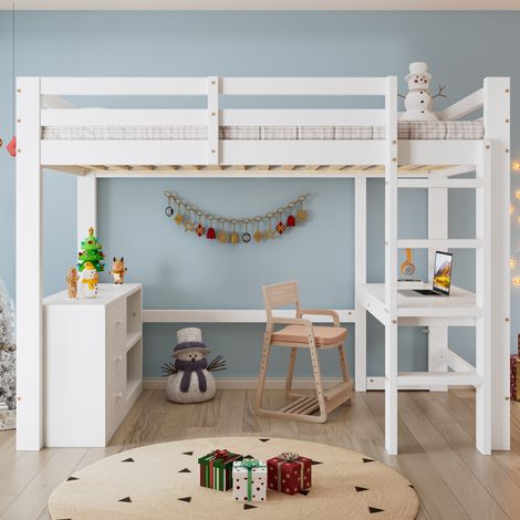 Letto a soppalco bambini 90x200 cm con scrivania, cassettiera e scaffale bianco HAVRYA (1/5)