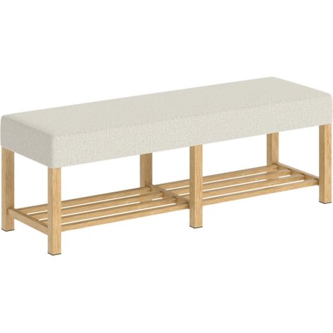 Panca porta scarpe in legno massello da 140 cm, panca moderna da ingresso con seduta imbottita per due persone, legno naturale e bianco crema