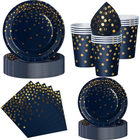 Set 50 Pièces Vaisselle Jetable, Assiettes Plates 23cm, Assiettes Dessert 18cm, Gobelets, Serviettes, Bleu Marine et Or, Mariage, Anniversaire