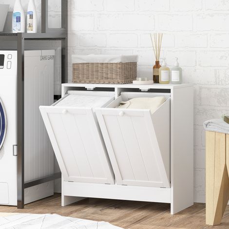 Armoire blanche salle de bain 66x33x68cm 2 vantaux et 2 tiroirs, meuble en bois avec bac à linge intégré, rangement fonctionnel (1/5)