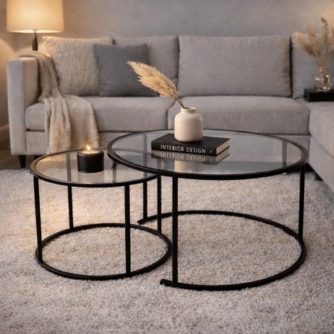 Moderne Runde Couchtisch 2er-Set Uru Schwarz - Transparentes Glas