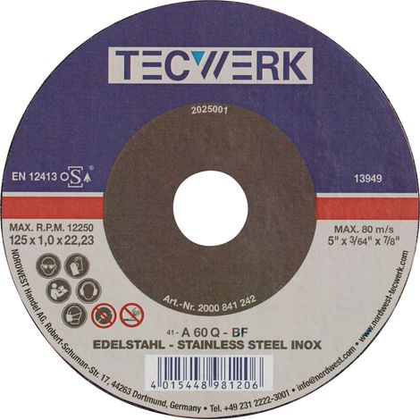 Disque à tronçonner INOX D125x1mm droit INOX Alésage.22,23mm TECWERK (1/2)