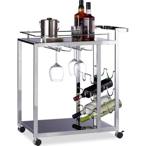 Relaxdays 10020779 Carrello Portavivande da Cucina Baron, Nero, Metallo, Vetro, con Portabottiglie, HxLxP 75 x 40 x 70 cm (1/5)