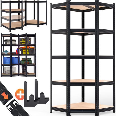 MONZANA® Corner Shelving Unit  Heavy-Duty Steel Construction  Adjustable Shelves  Rubber Protectors  Space-Saving Design  Easy Assembly  Garage, Workshop, Basement Organiser  Black (1/9)