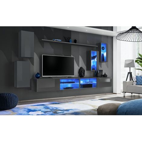 Ensemble meuble TV mural Switch XXV - L 280 x P 40 x H 140 cm - Gris - Livraison gratuite