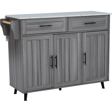 Desserte 129x46x91,5 Cm En Mdf Blanc Et Gris Kaki, Plan Marbré Et Rallonge Pliable 120x76 Cm (1/5)