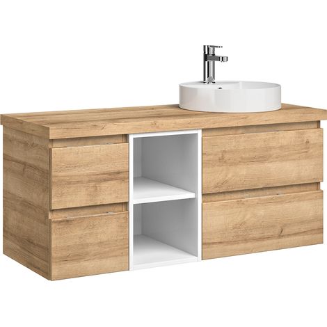 Badezimmer Einzelwaschtisch, 118cm, grifflos, in Riviera Eiche Nb. mit weiß Glanz VILLATORO-66, B/H/T ca. 118/61,2/44,5 cm (1/2)