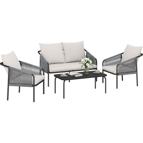 Ensemble de mobilier de jardin 4 pièces, ensemble lounge en polyrotin avec canapé deux places, 2 fauteuils, table basse amovible, coussins et attaches. (1/5)