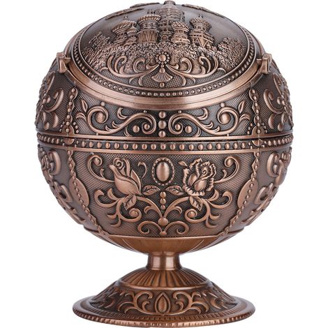 Posacenere rotondo in metallo con motivo in rilievo, stile vintage, realizzato a mano (bronzo rosso) (1/5)