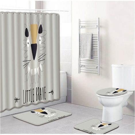 4 Piece Bathroom Shower Curtain Mat Set 180×180cm Toilet Cover