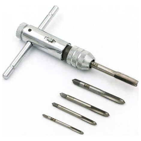 Jeu de tarauds à cliquet avec poignée en T réglable et tarauds métriques en acier avec 1 clé à tarauder + 5 tarauds M3-M8 (3 mm-8 mm) Filetage métrique en T