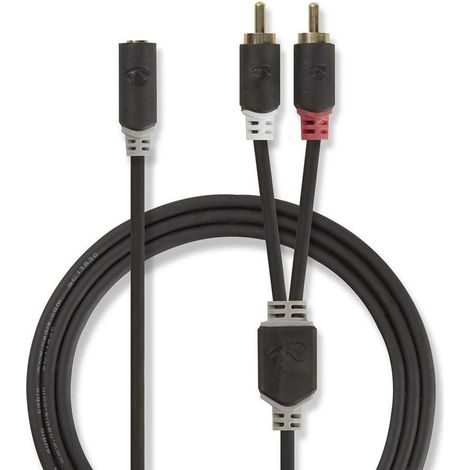 Cable de audio estéreo 2x RCA macho 3,5 mm hembra, chapado en oro, 0,20 m, redondo, antracita, caja con ventana - Nedis