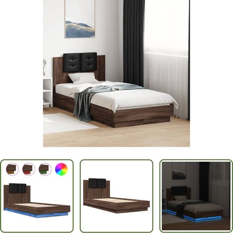 vidaXL LED-Leuchten - Bettgestell mit Kopfteil und LED-Leuchten Braun Eiche 90x190 cm (1/5)