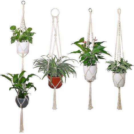Lot de 4 paniers suspendus en macramé, en corde de coton, pour plantes, pots de fleurs, décoration murale, balcon ou plafond.