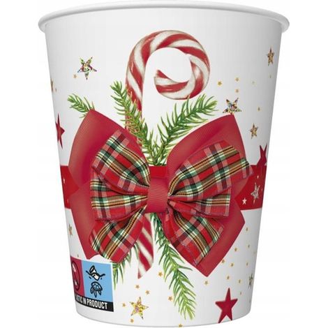 Bicchieri di carta con fiocco, decorazioni natalizie e stelle, 250 ml, confezione da 8 pezzi.