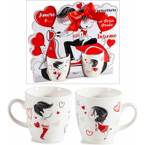 Set tazzine da caffè in porcellana con decorazioni coppia di innamorati in confezione regalo sagomata, set da 6 pezzi, Tazzina: Ø 5,5 cm x 6 H