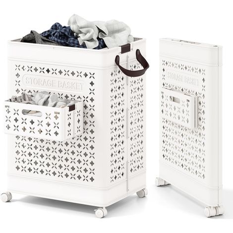 Cesto portabiancheria pieghevole e mobile da 75 litri, Contenitore portaoggetti in plastica con cestello per biancheria intima e manici, 43,5 x 34 x 61 cm, Bianco (1/5)