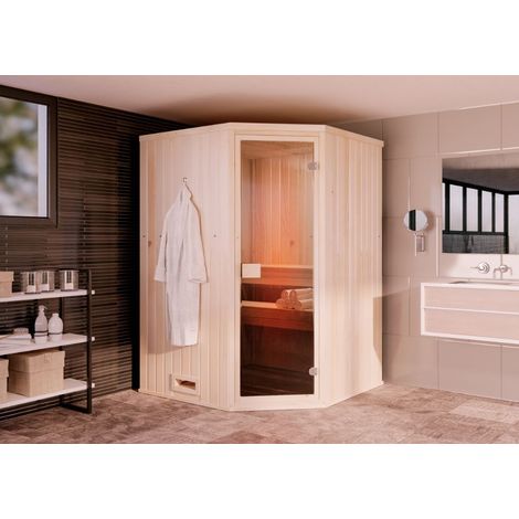 FinnTherm Innensauna Corner Innensauna 1 Sitzbänke aus Holz , Saunakabine mit 40 mm Wandstärke, Dampfsauna mit Montagematerial