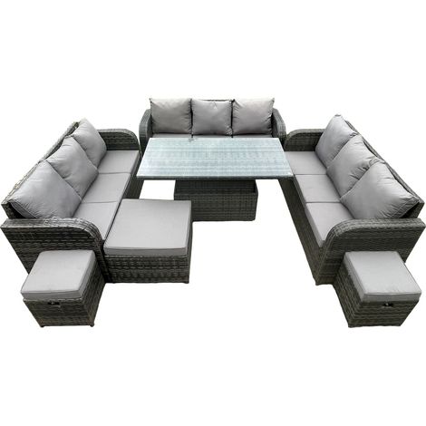 Fimous Cour jardin salle à manger ensemble extérieur meubles en rotin canapé décontracté table élévatrice réglable en hauteur avec grand repose-pieds 2 petits repose-pieds gris foncé mix (1/5)