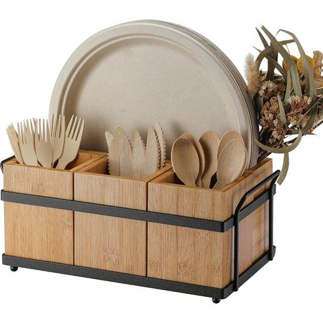 Porte-couverts en bois, distributeur d'assiettes en carton, boîte de rangement pour couverts, cuillères, fourchettes, assiettes et serviettes (1/5)