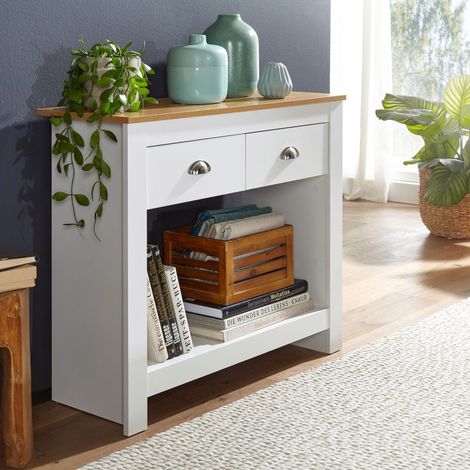 M&S – Console 2 tiroirs 85x35x76 cm blanc et naturel – Panneaux stratifiés – Poignées en aluminium – Large niche de rangement (1/5)