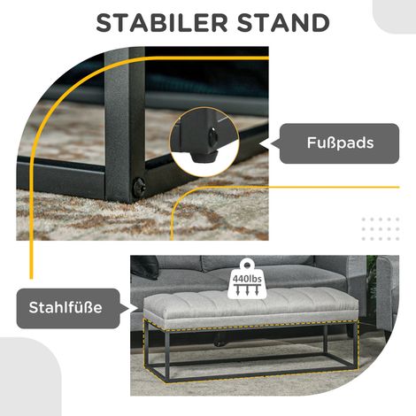 Banc de rangement rembourré en lin pour chambre, banquette de lit et coiffeuse, résistance jusqu'à 200 kg, acier gris clair, dimensions 120x44x45,5 cm. (1/5)