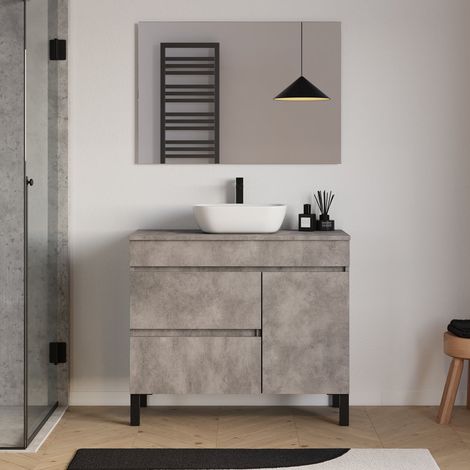 Meuble de salle de bain 90cm avec plateau et vasque à poser arrondie - porte et tiroirs - ciment (gris) - LAZARO (1/5)