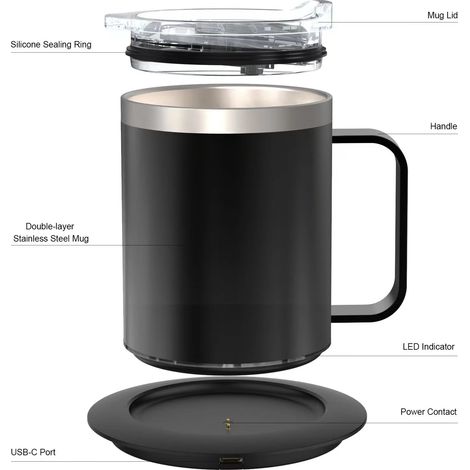 Chauffe-tasse à café avec tasse et couvercle Chauffage automatique 131-149 ℉ Température constante intelligente 12,3 oz Double couche d'isolation thermique de boisson en acier inoxydable 304 de qualit (1/5)
