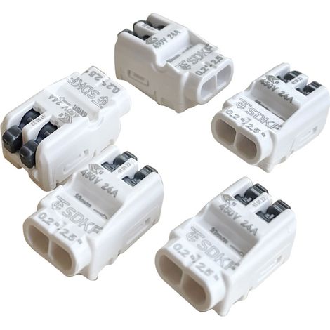 Lot de 5 Bornes de connexion rapide avec levier, 2 entrées, sect. de câble 0.2 à 2.5 mm², 450V, 24A - Tibelec (1/2)