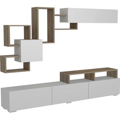 Vente-Unique – Mur TV avec rangements 210 cm – 5 portes battantes – Panneau de particule mélaminé – Charge 45 kg – 6 niches de rangement (1/5)