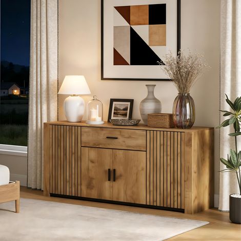 Aparador 160x40x75 cm color roble en tablero de partículas con 4 puertas, 1 cajón y estantes ajustables (1/5)