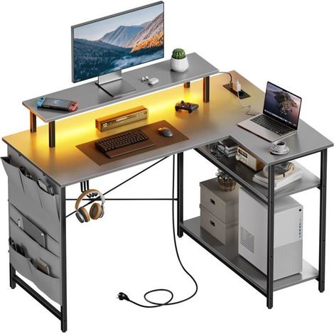EcoFurnix Eckschreibtisch mit Stauraum, 110 x 80 cm Gaming-Schreibtisch mit LED, mit Monitorhalterung, für Arbeit und Schlafzimmer, Grau