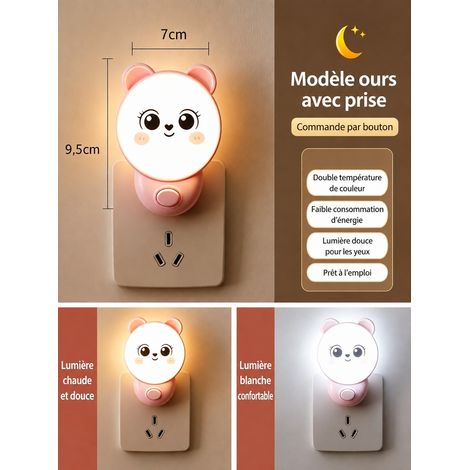 Veilleuse LED Enfant Motif Ours Rose Prise Européenne 2 Niveaux d'Intensité rose 6,8 × 8,3 × 9,6 cm 100 g – Livraison gratuite