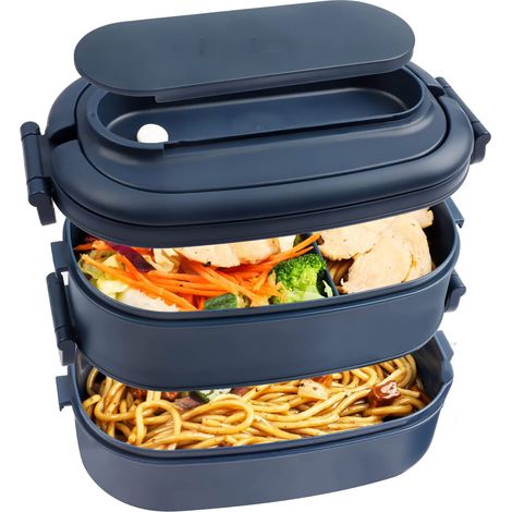 Boîte à lunch 1550 ml, 2 compartiments + couverts, plastique sans BPA, étanche, micro-ondes (bleu)