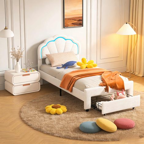 Cama infantil 90x200cm – Cabecero tapizado con diseño de pétalos – Cajón para los pies – Luz de lectura regulable – Base de láminas (1/5)