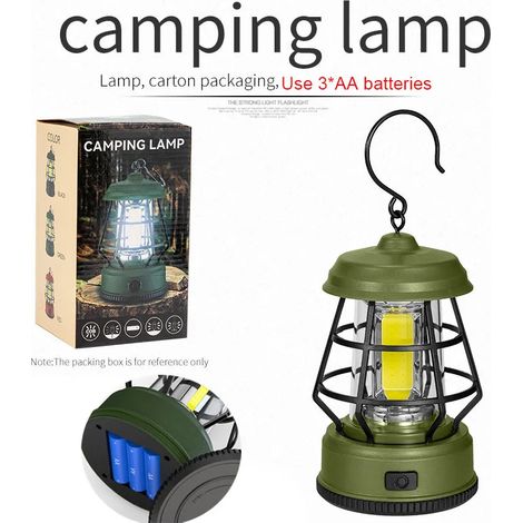 Lampe de camping extérieure (verte) - Lampe de tente portable - Avec crochet - Fonctionne avec 3 piles AA (1/3)